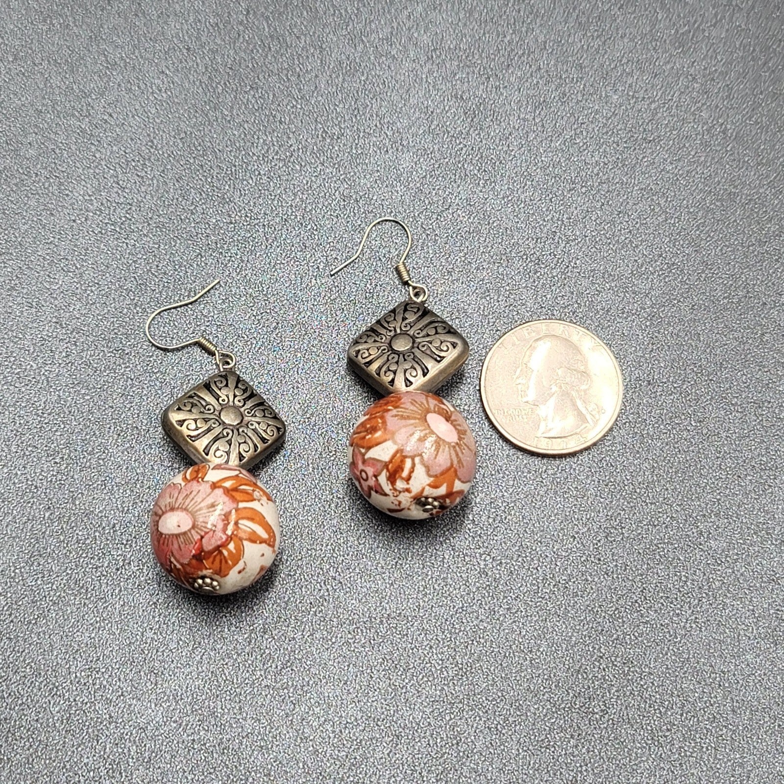 Pierced Earrings Silver tone Hand Painted Floral Pottery Bead  1.5"