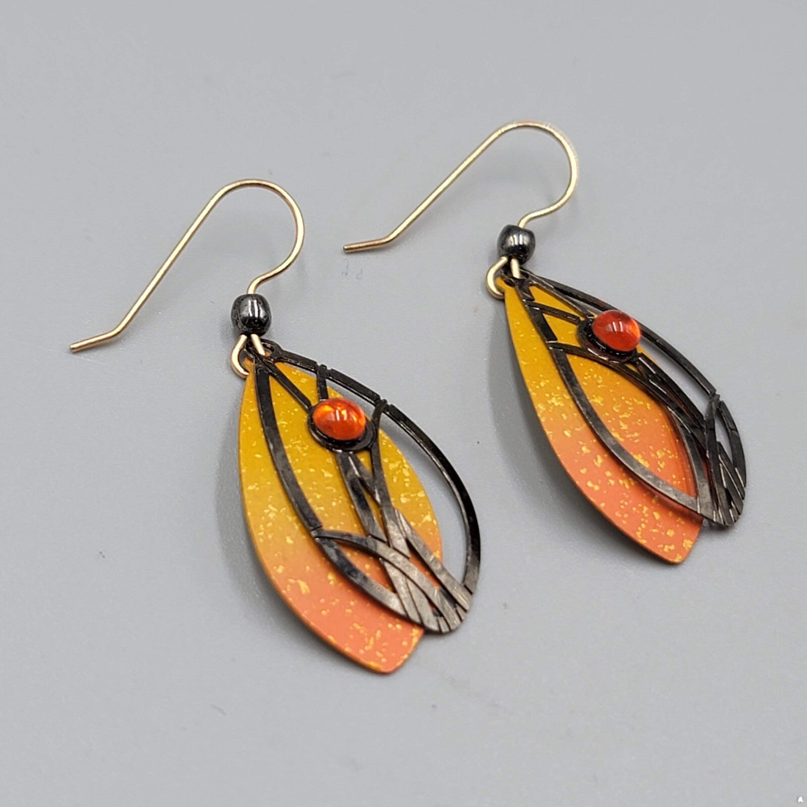 Butterfly Metal Wing Style Pierced Earrings Yellow Enamel Goldtone Dangle 1 1/8"
