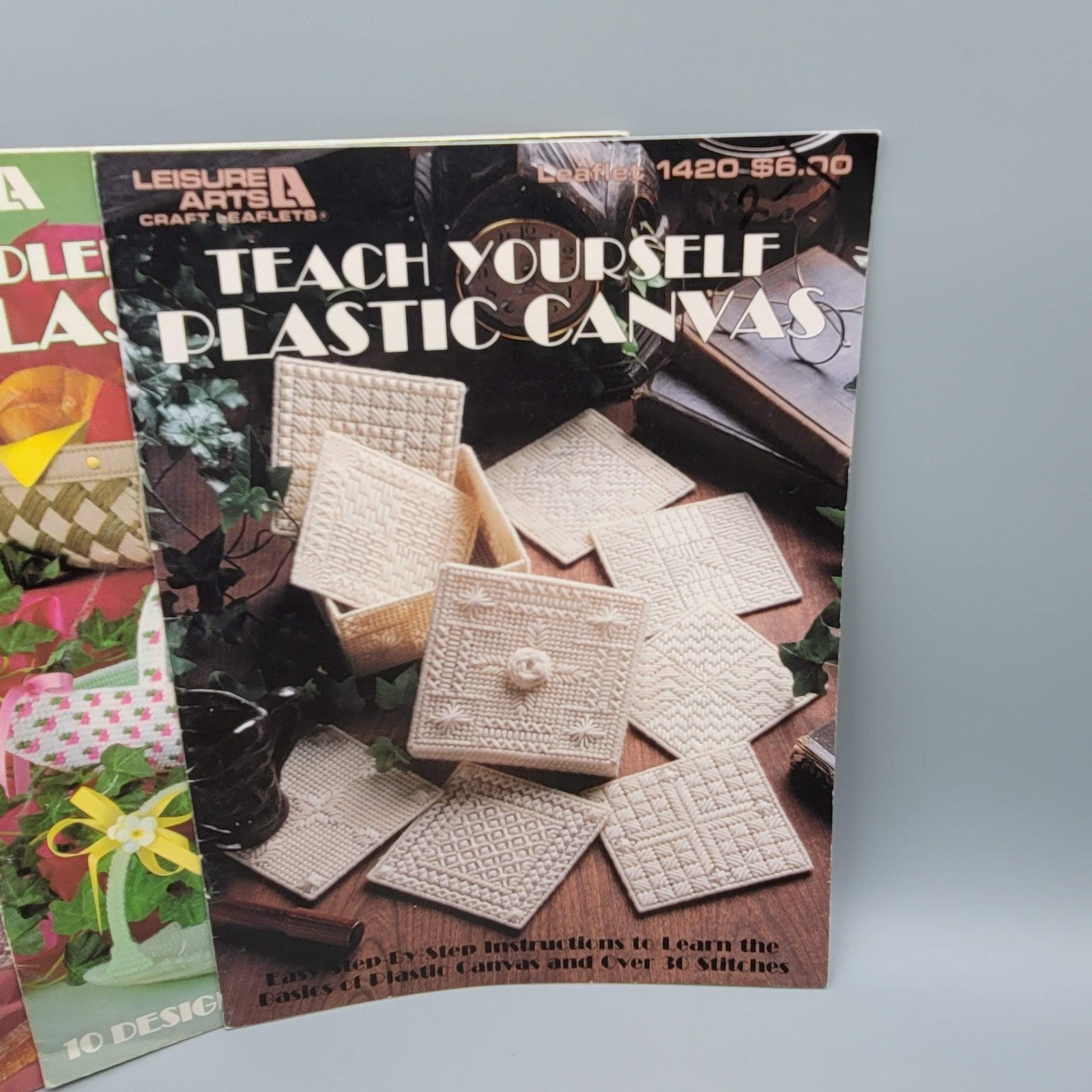 Vintage Plastic Canvas Pattern Book Lot Tissue Box Kitchen Basket Tote 80s Craft