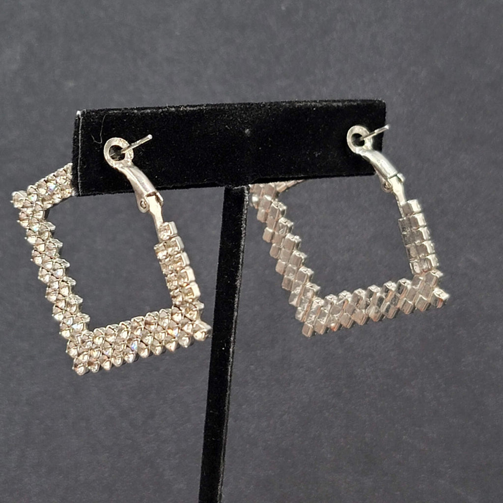 Pierced Earrings Rhinestone Square Hoops Silver tone 1.25"