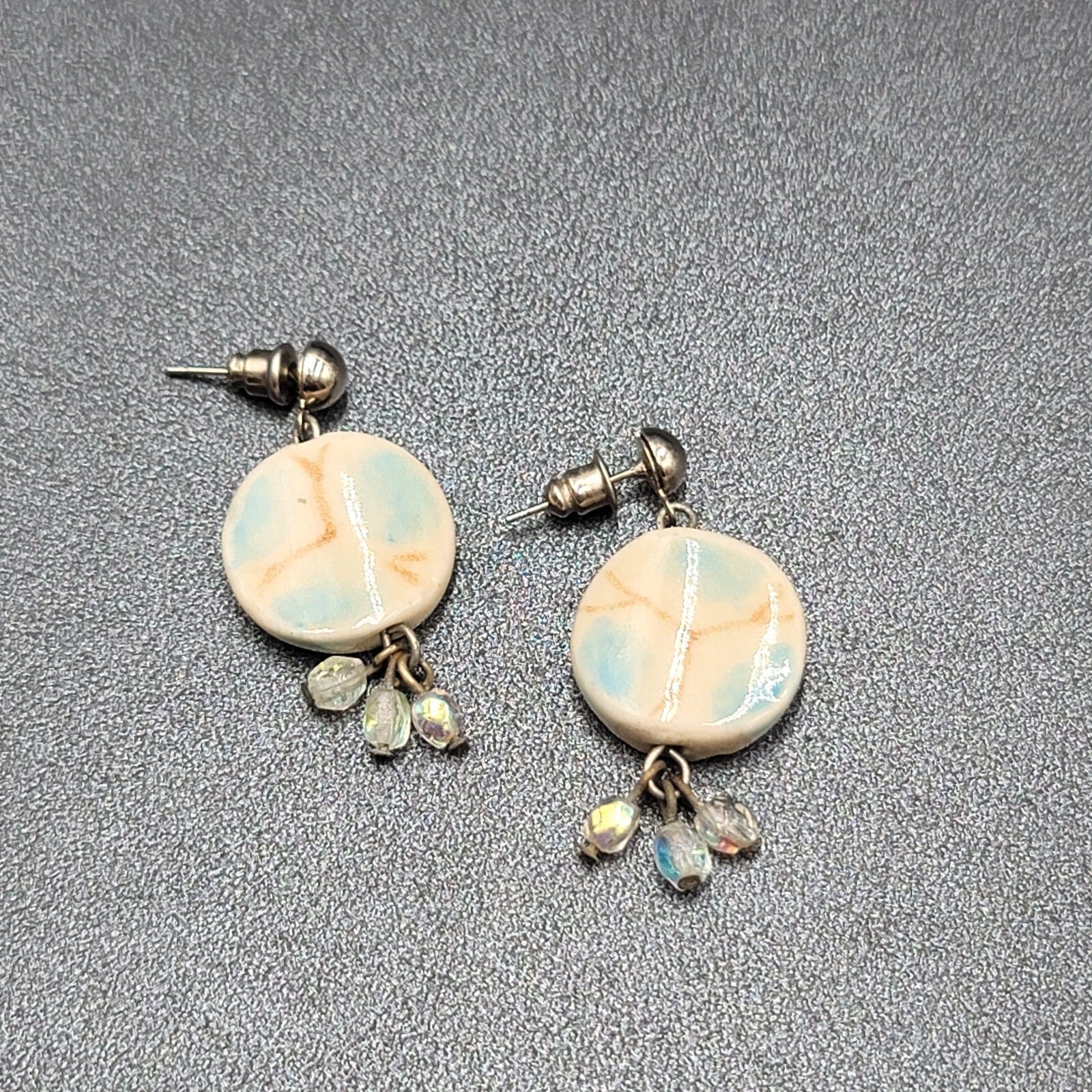 Pierced Earrings Silver tone Ceramic Pottery Bead White Blue 1.25"