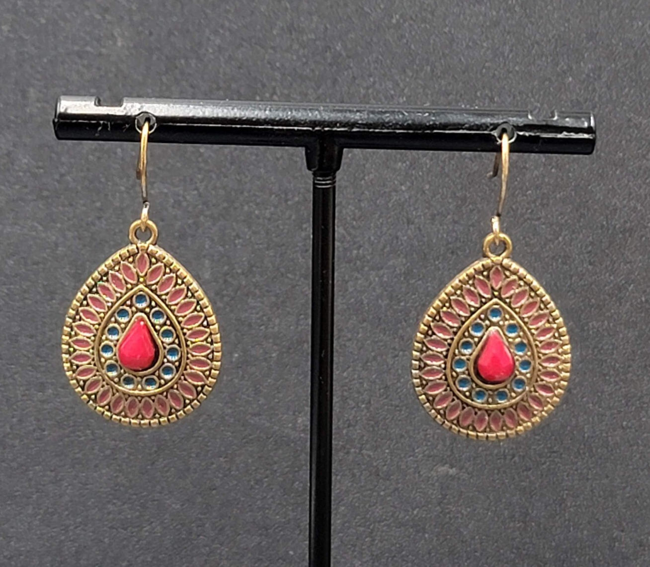 Boho Pierced Earrings Gold tone Teardrop Medallion Dangle 1"