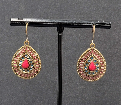 Boho Pierced Earrings Gold tone Teardrop Medallion Dangle 1"