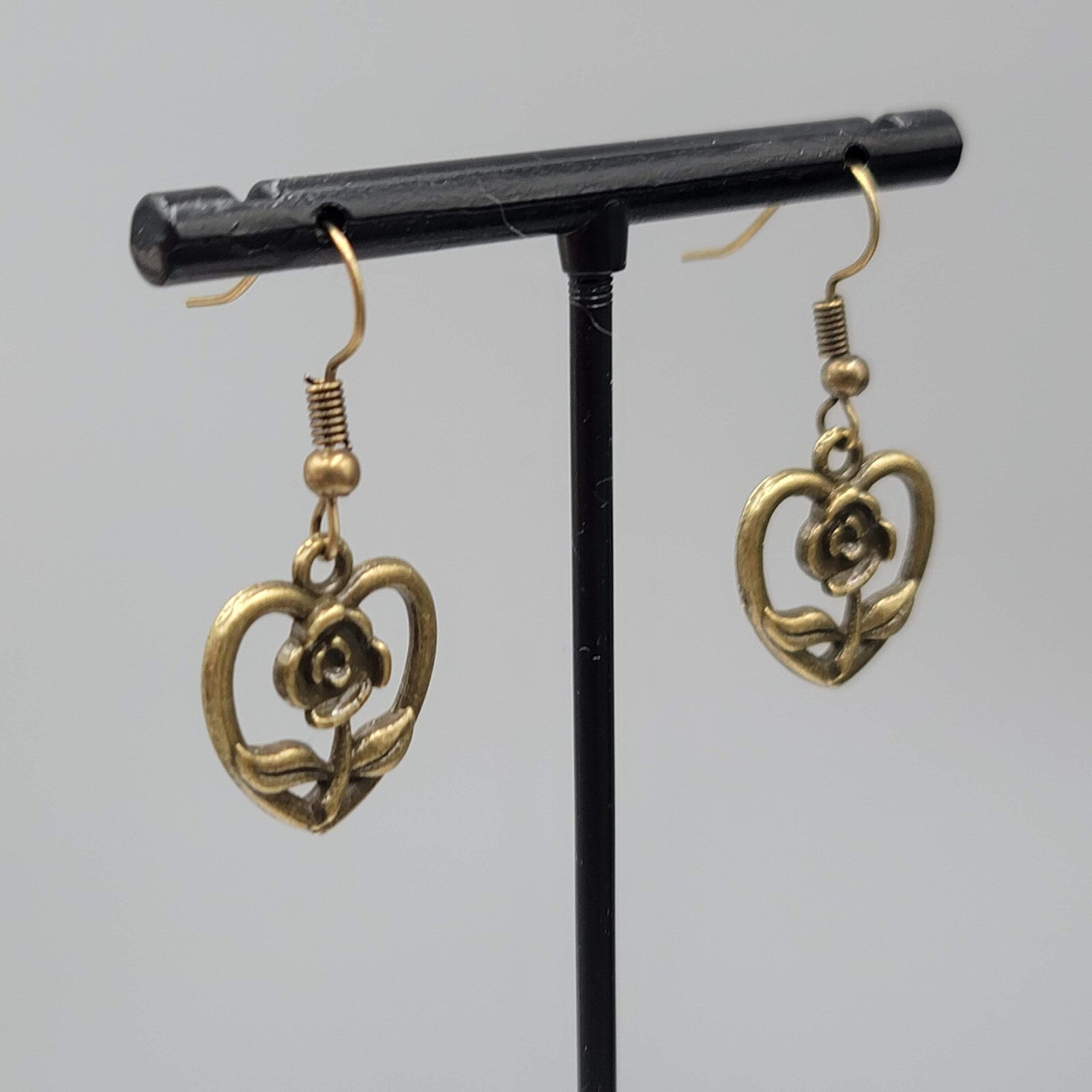 Rose Flower Heart Pierced Earrings Bronze tone Dangle NEW 5/8"