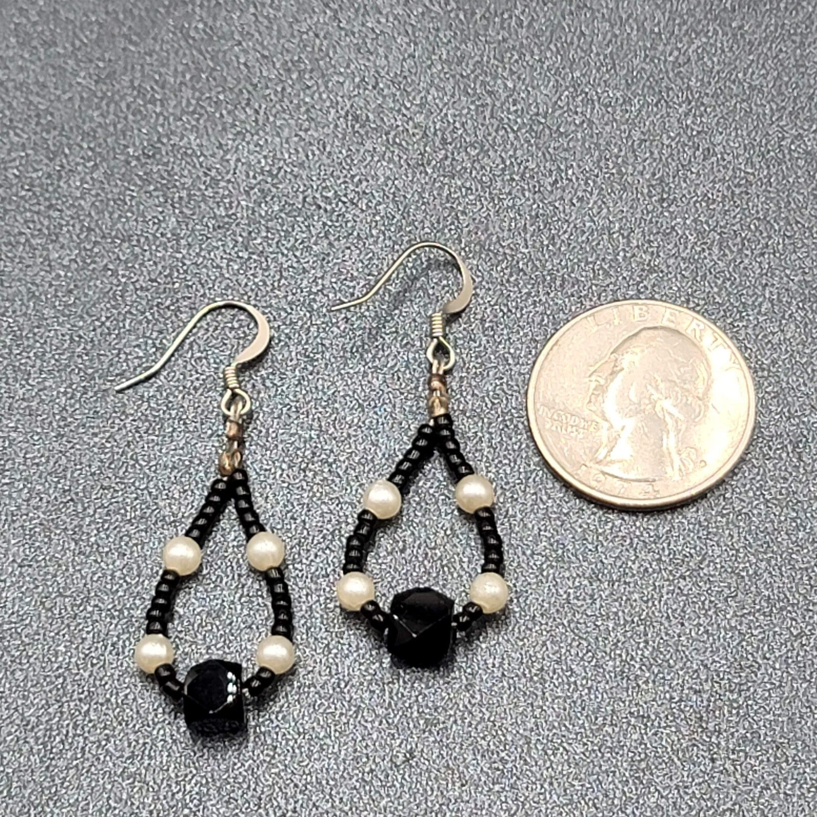 Pierced Earrings White Black Beaded Teardrop Hoops 1 3/8"