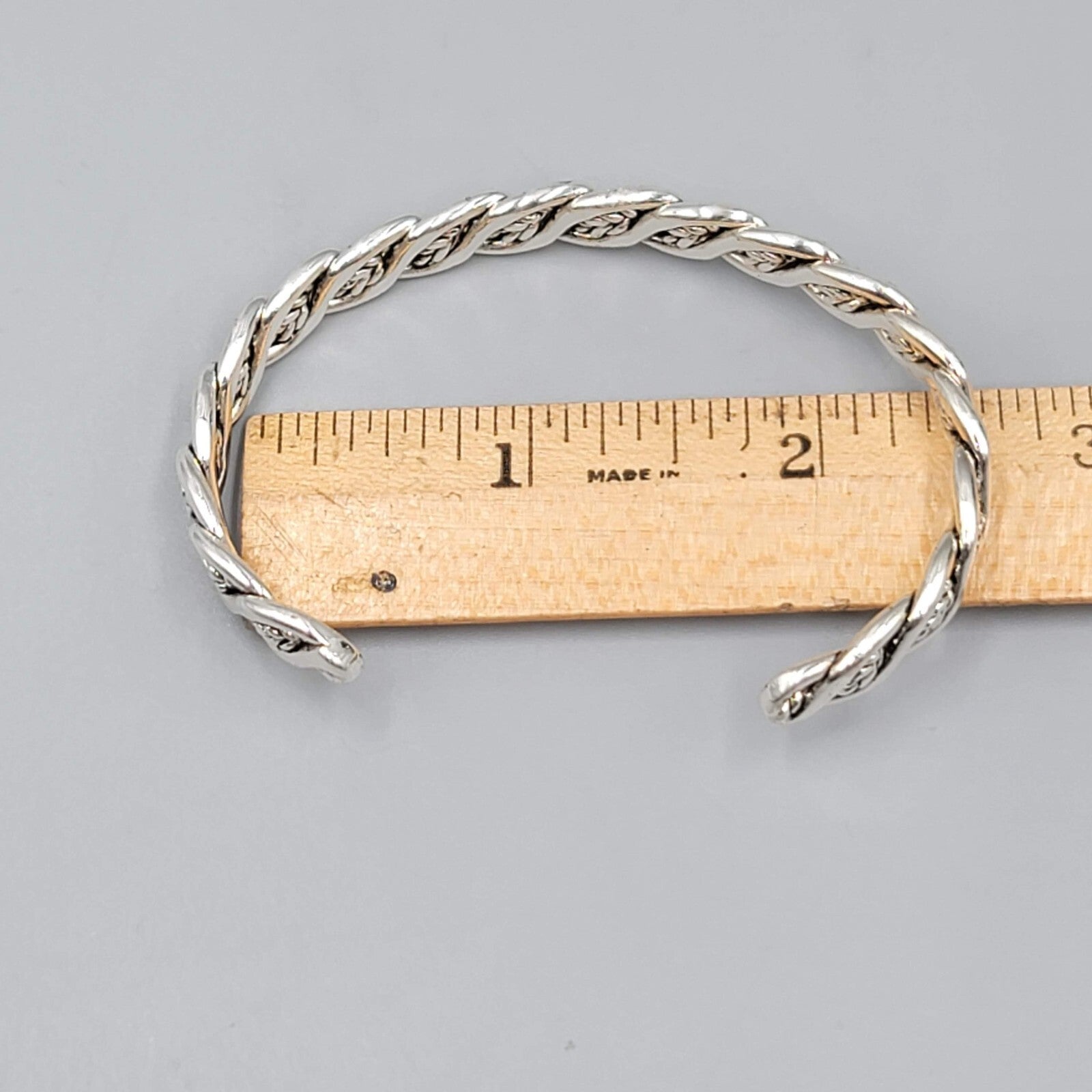 Flat Twist Cuff Bracelet Silver tone 8mm Wide Embossed Wheat Design