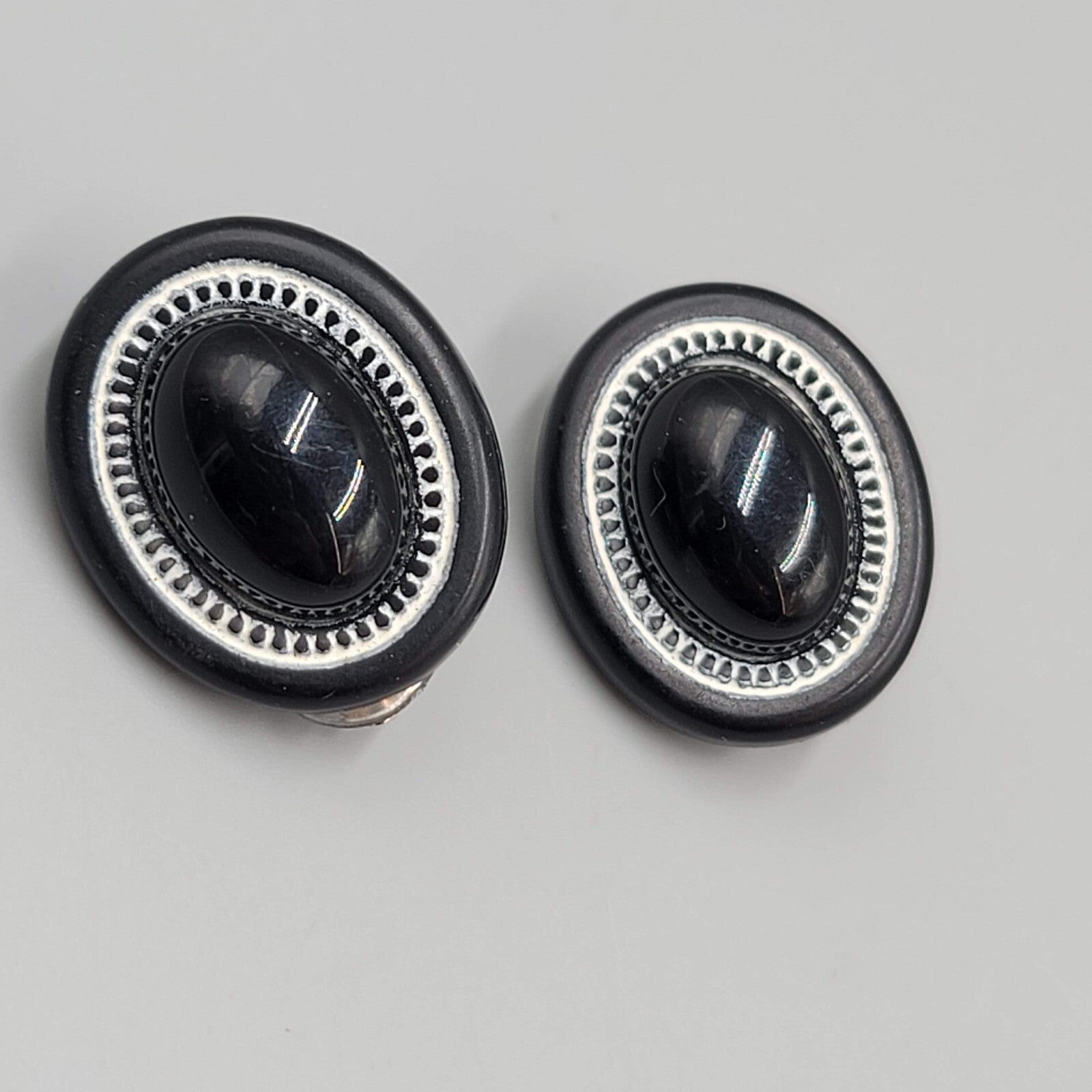 Vintage Black Oval Drop Clip on Earrings White Edge 1"
