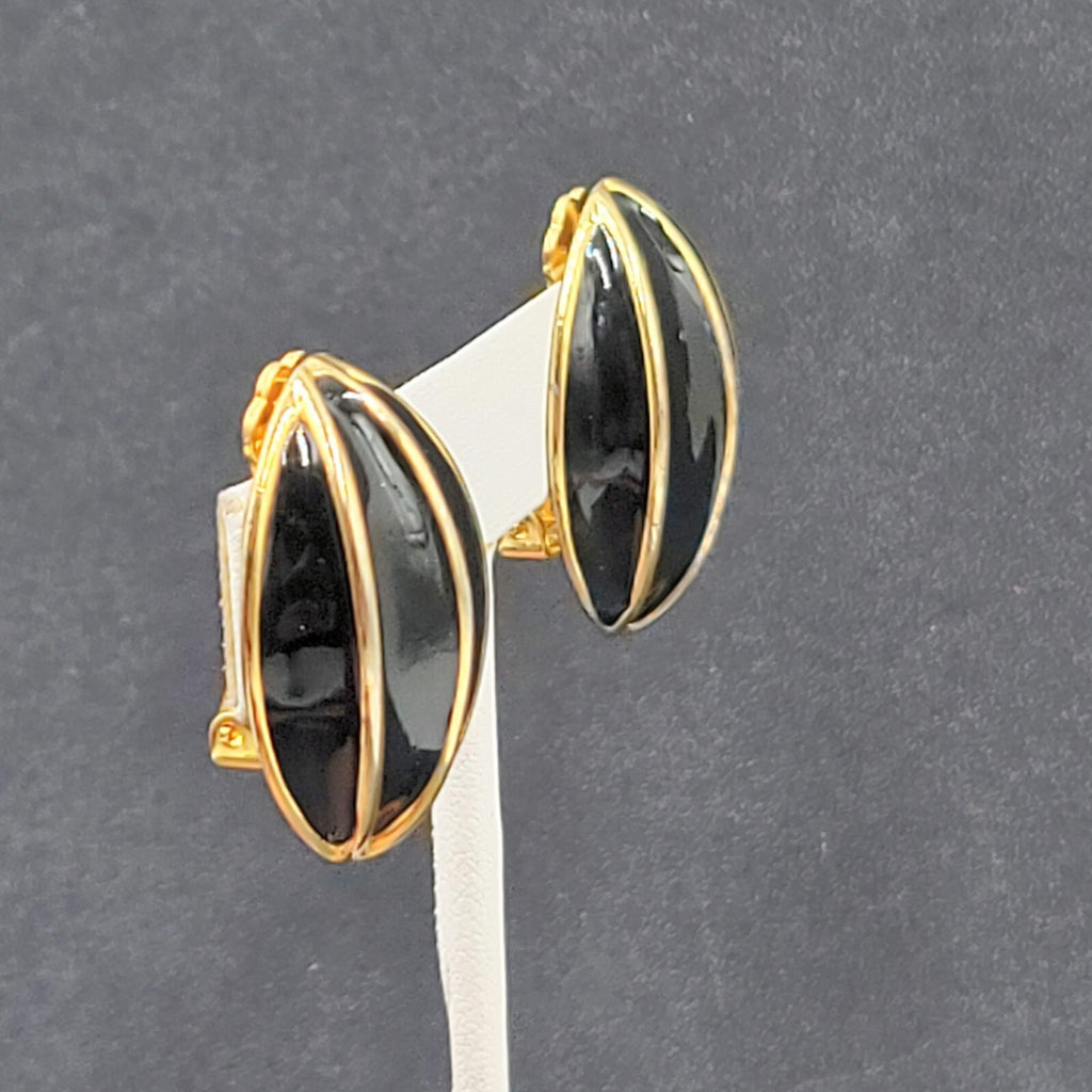 Vintage Clip on Earrings Gold Plated Black Enamel Drop Statement 1.25"