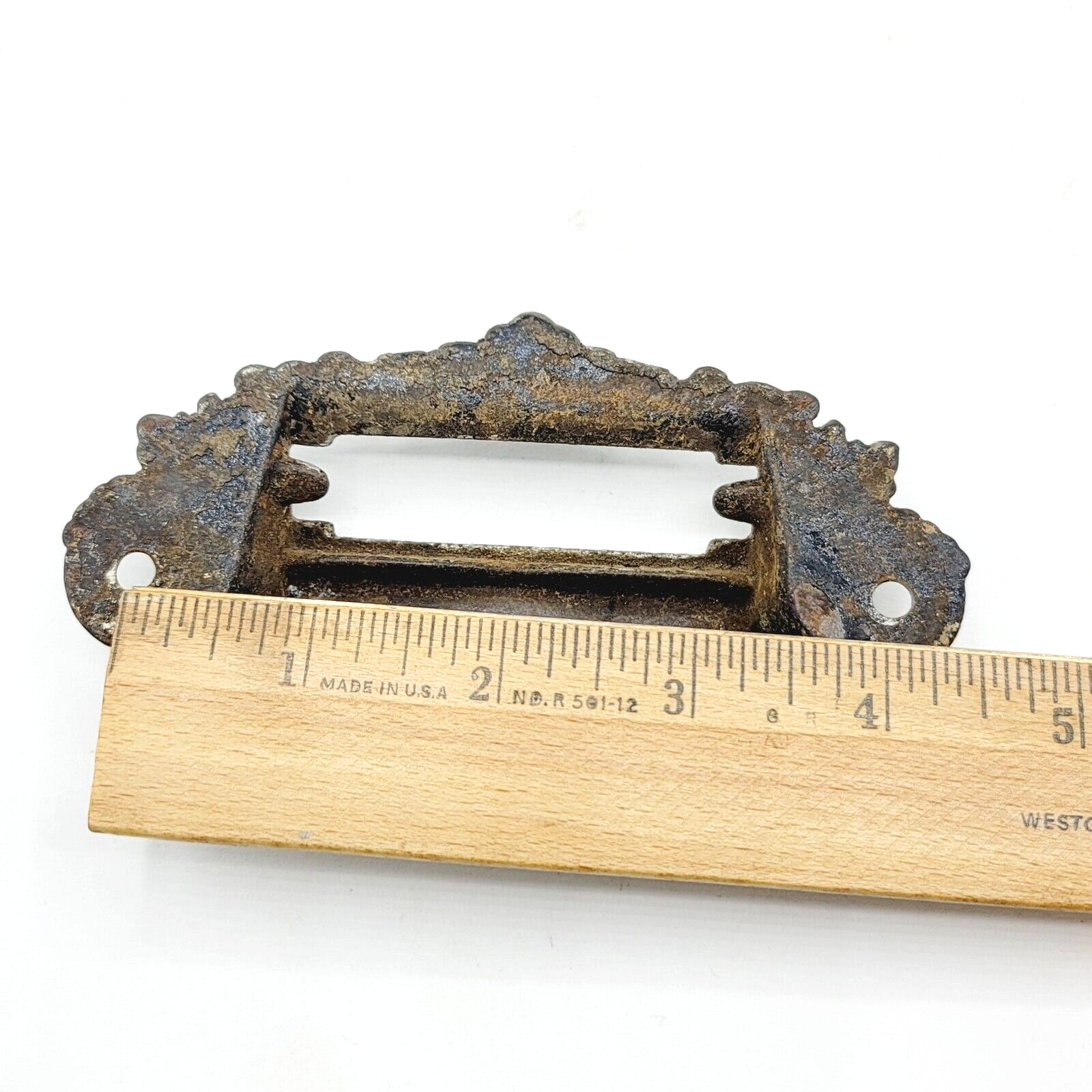 Vintage SINGLE Bin Pull Drawer Ornate Label Slot Hardware Reclaimed 4"