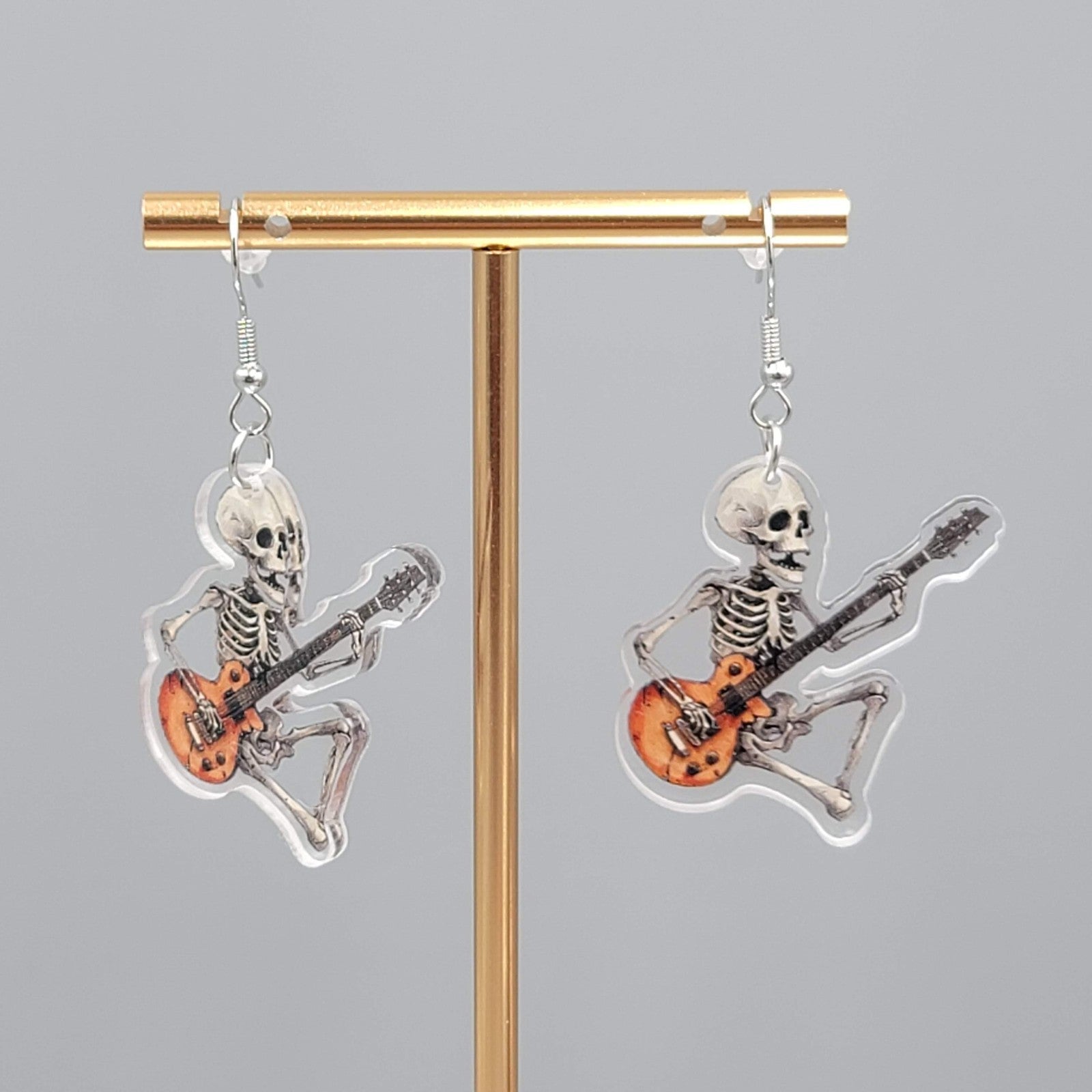 Halloween Skeleton Electric Guitar Pierced Earrings Silver tone Dangle 1.5 in