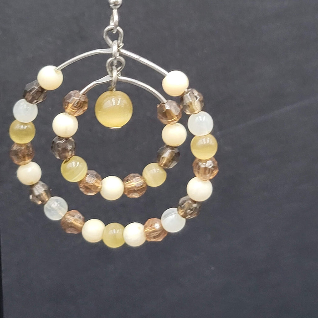 Pierced Earrings Silver tone Brown Beaded Double Hoops 1.5"