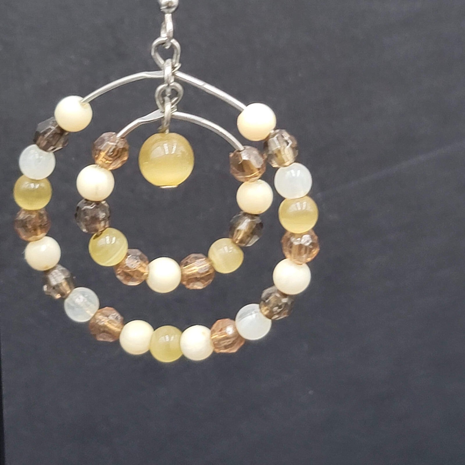 Pierced Earrings Silver tone Brown Beaded Double Hoops 1.5"