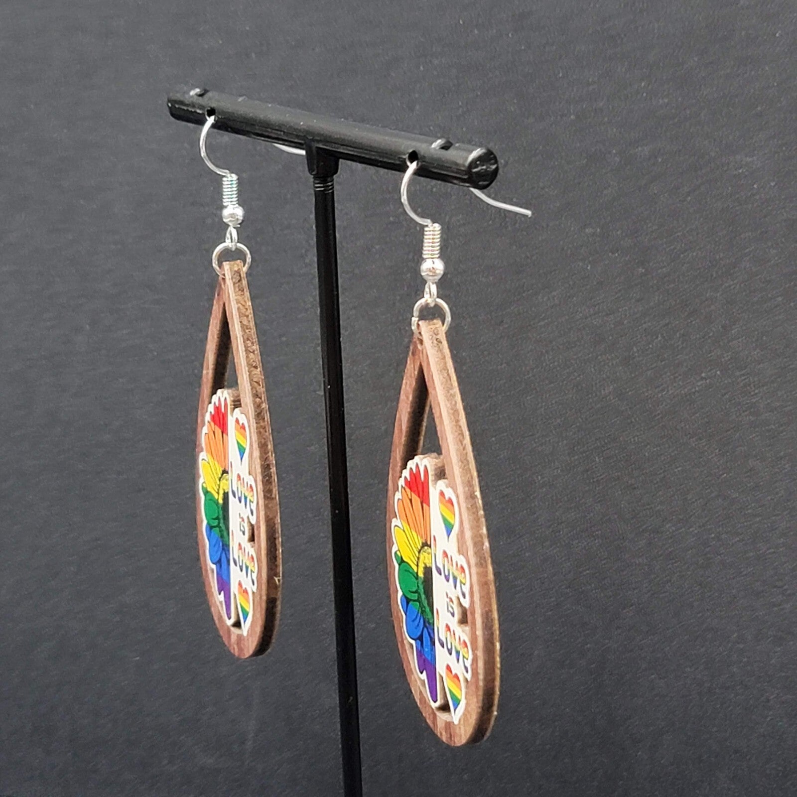 New PRIDE Love is Love Pierced Earrings Rainbow Wood Teardrop Dangle 2.25"