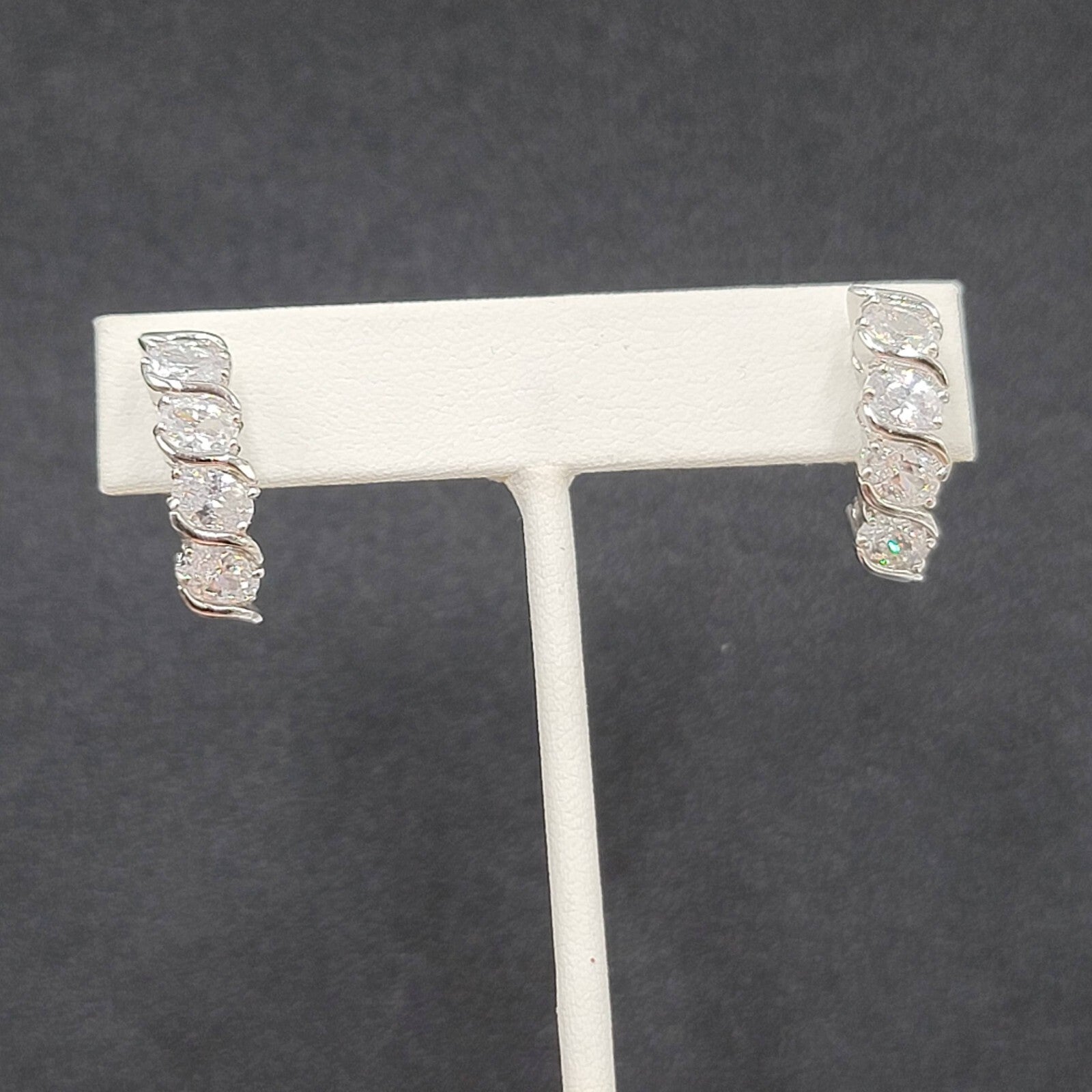 Pierced Earrings Silver Plated Cubic Zirconia Drop 7/8"