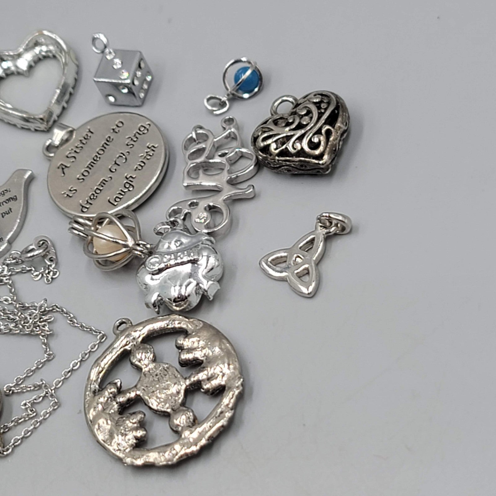 All Silver tone Pendant Lot of 16 Various Styles One Chain Included