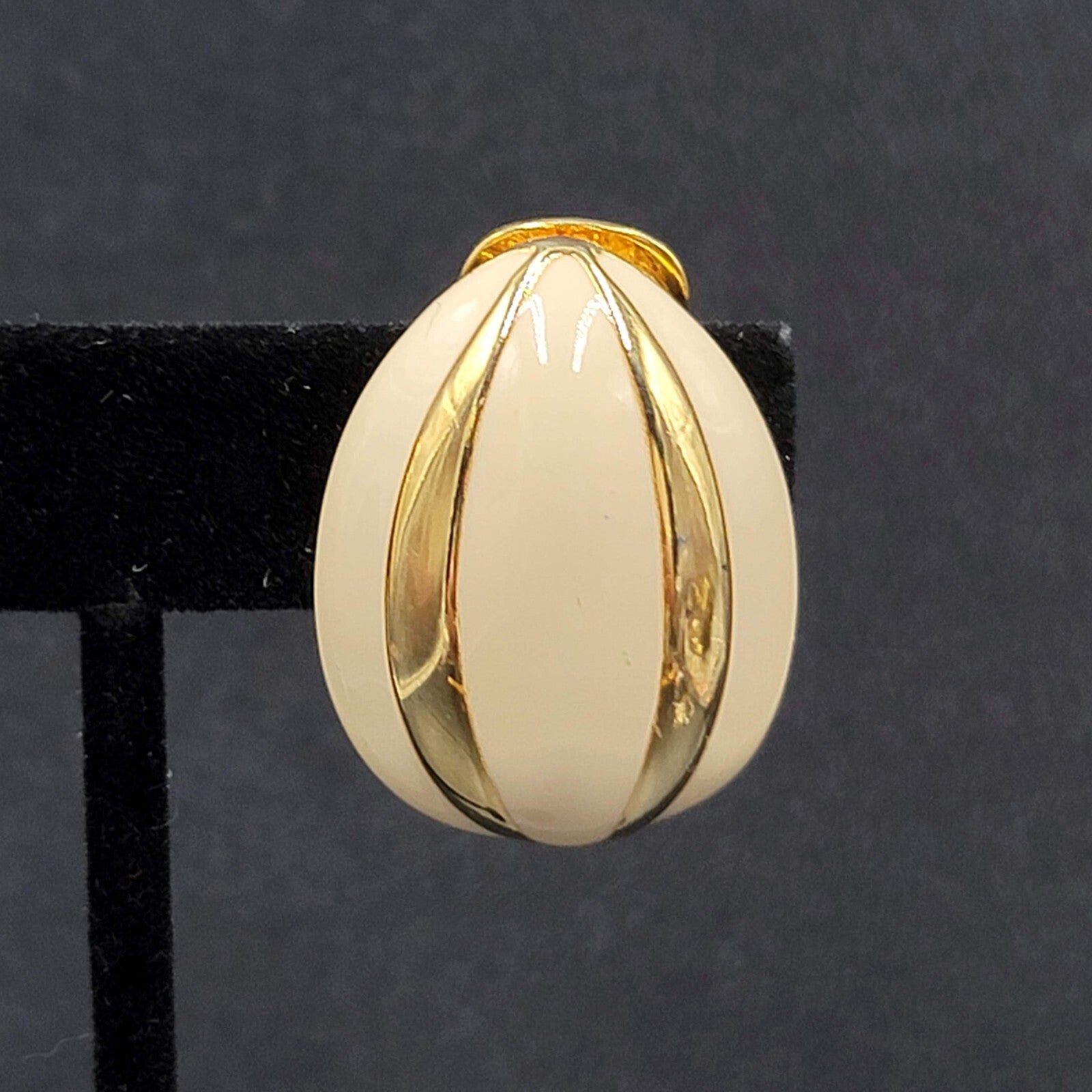 Vintage Clip on Earrings Gold Plated Ivory Enamel Large Statement Drop 1.25"