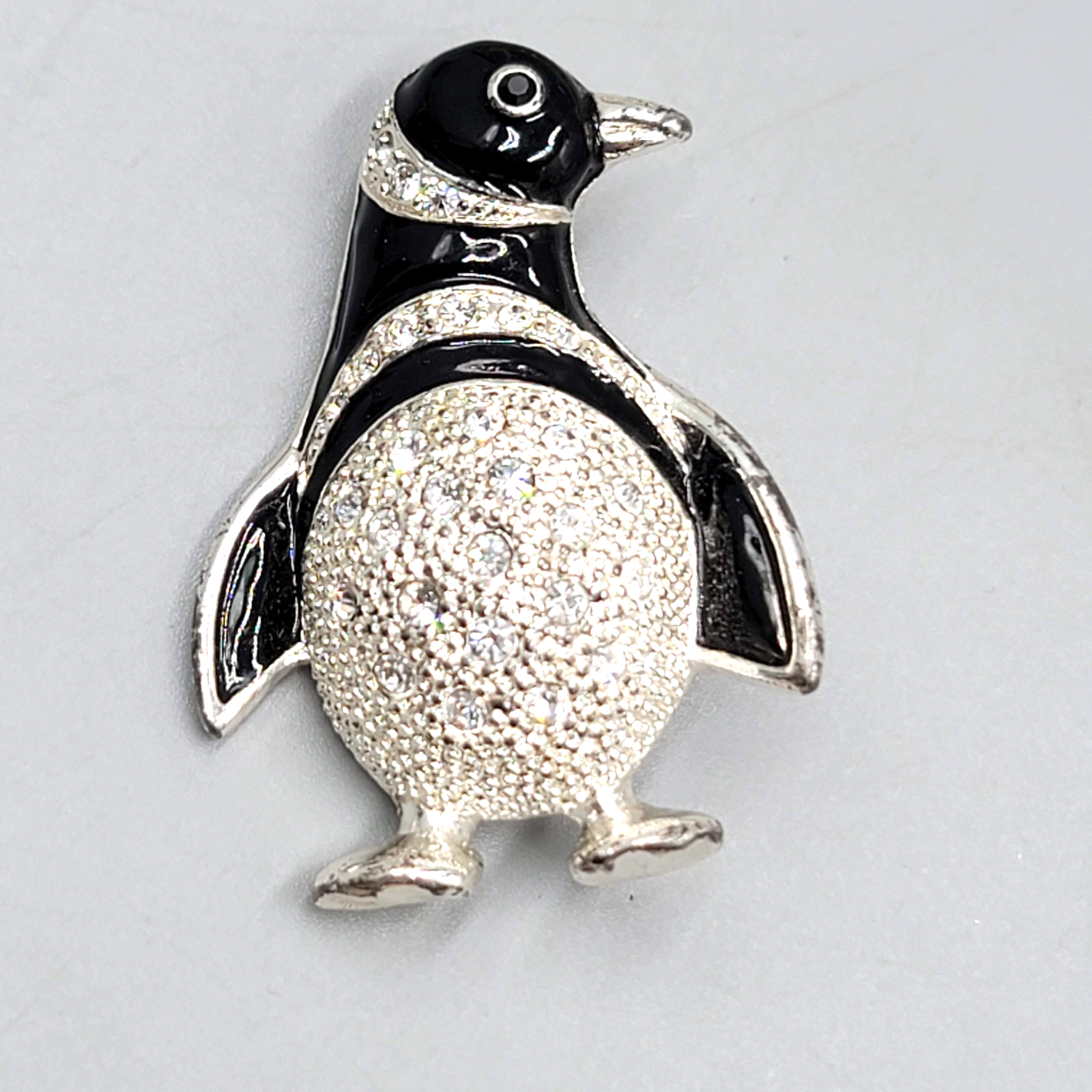Penguin Brooch Rhinestone Black & White Silver tone 1.75"