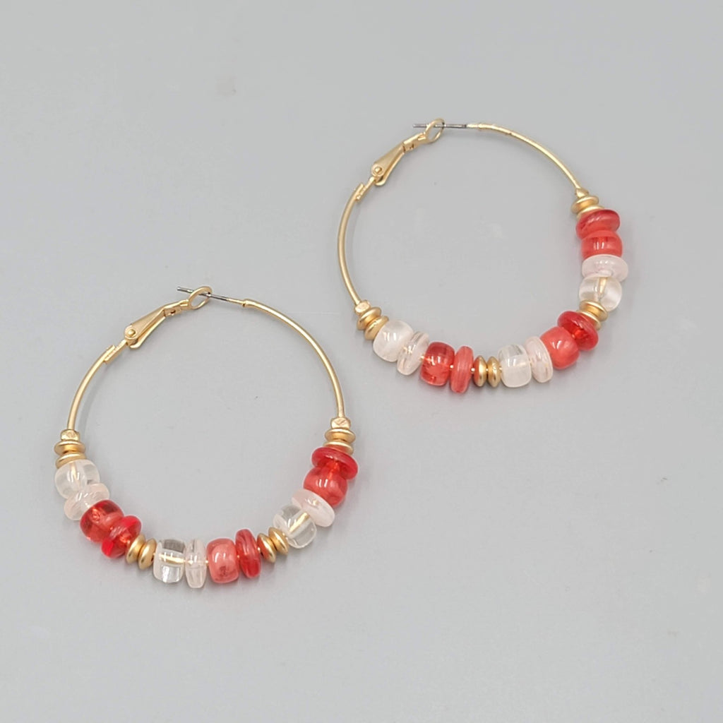 Red White Bead Pierced Earrings Gold tone Hoops 2"