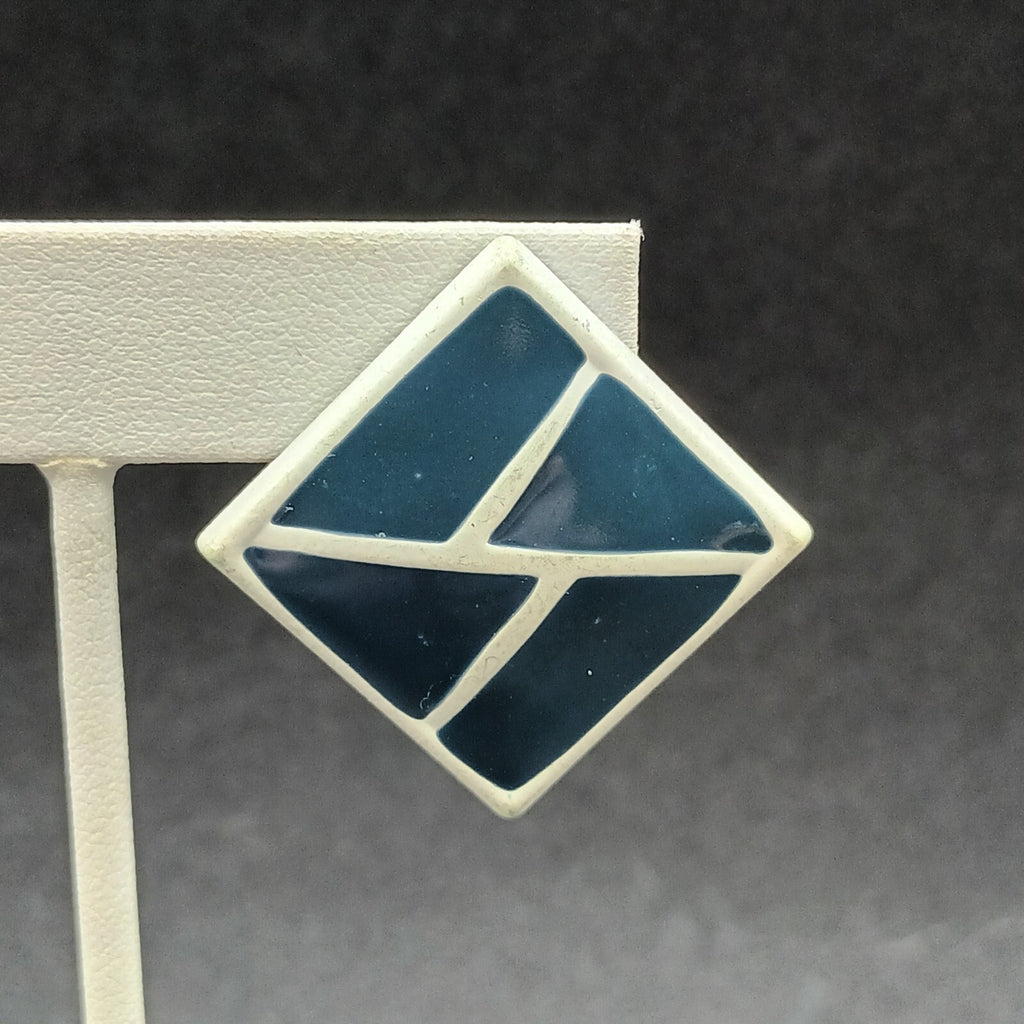 Vintage Pierced Earrings White Blue Enamel Geometric Drop 1 3/8"