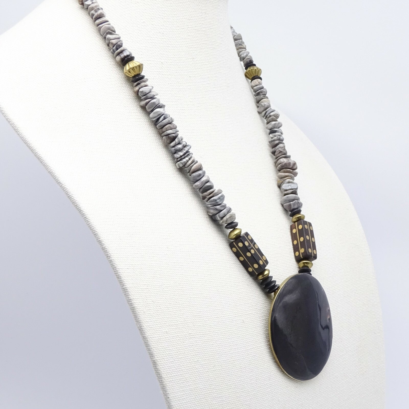 Boho Ethnic Necklace Gray Stone Beads Enamel Brass Inlay Pendant 24"