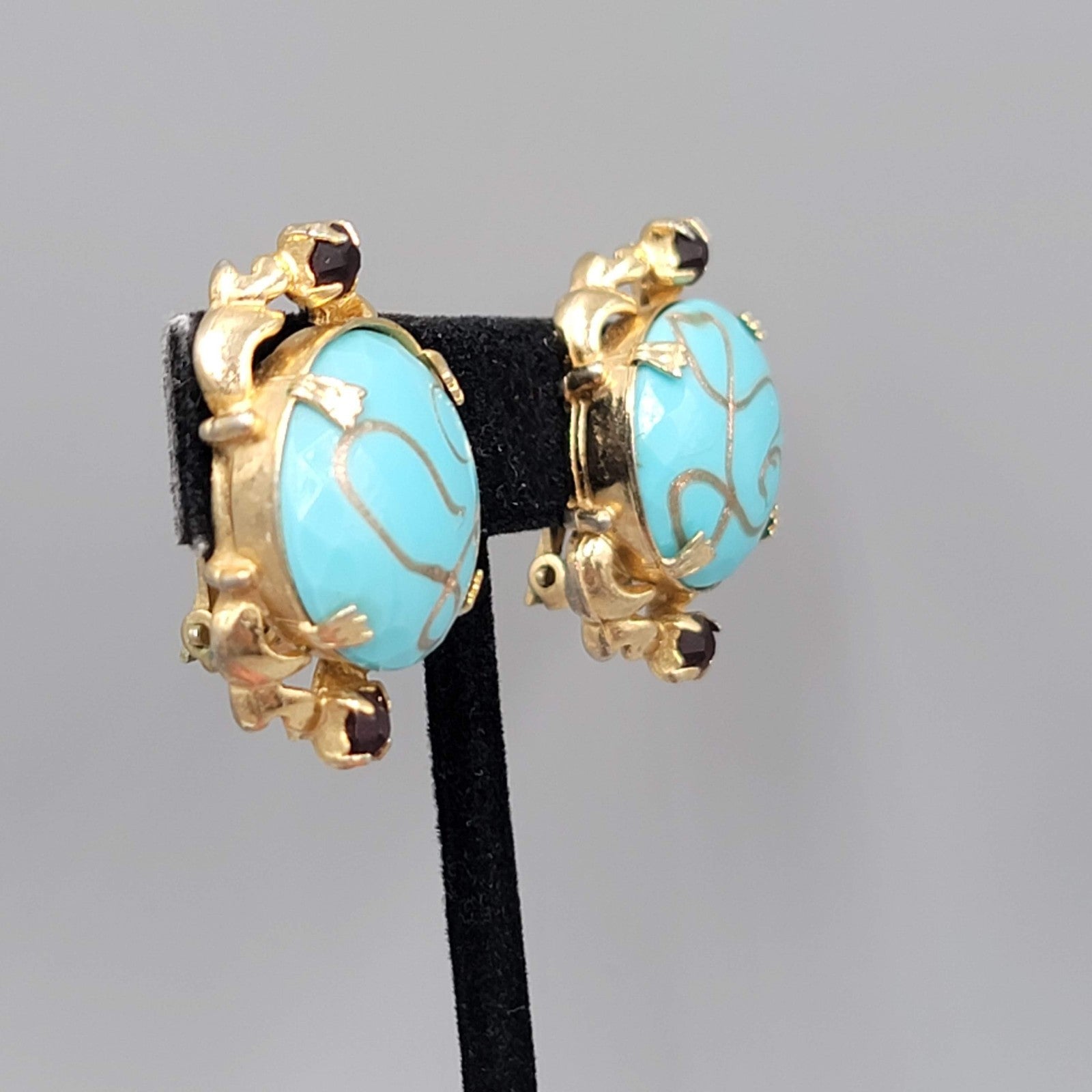 Vintage Blue Art Glass Clip on Earrings Gold tone Black Rhinestone 1.25 in