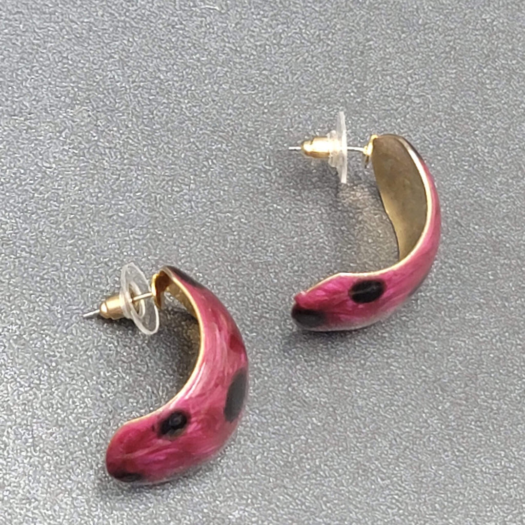 Vintage Pierced Earrings Polka Dot Purple Enamel Wide Hoops Dangle 1.25"