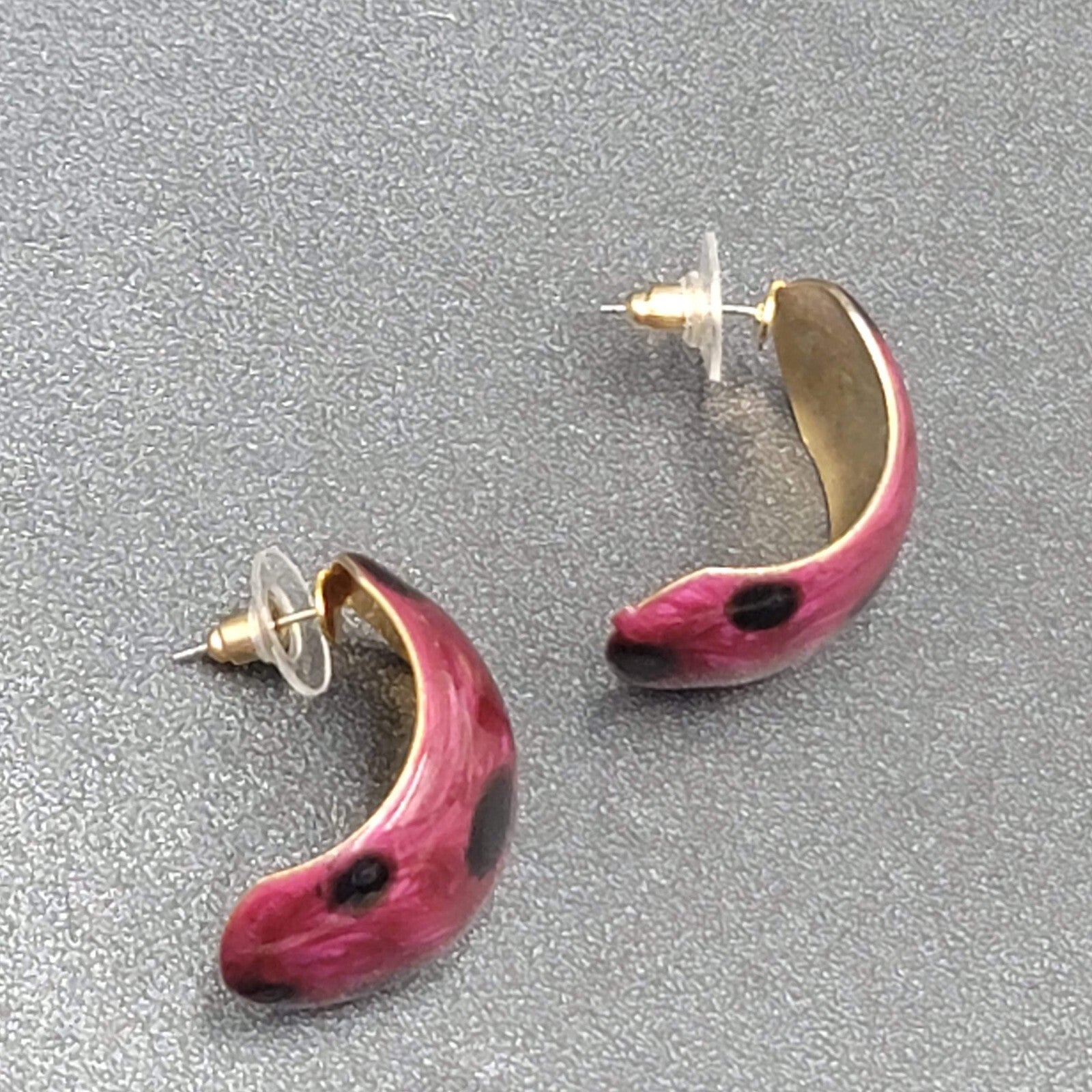 Vintage Pierced Earrings Polka Dot Purple Enamel Wide Hoops Dangle 1.25"