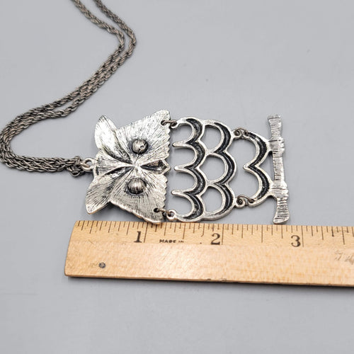 Articulated Owl Statement Long Necklace Silver tone Dangle 28"