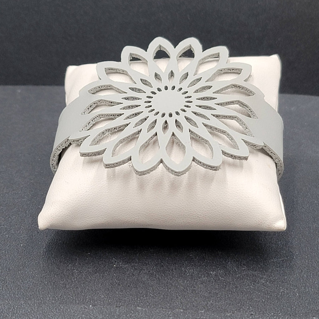 Gray Leather Bracelet Large Cut out Flower 7" + Adj