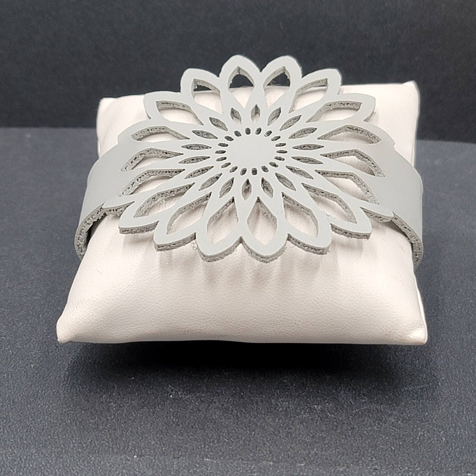 Gray Leather Bracelet Large Cut out Flower 7" + Adj