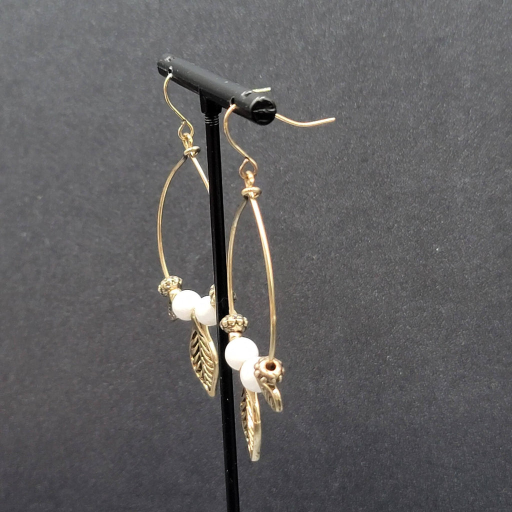 Pierced Earrings Gold tone White Bead Dangle Leaf Hoops 2.25"