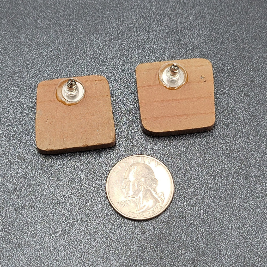 Pierced Earrings Clay Pottery Squares Brown  1 1/8"
