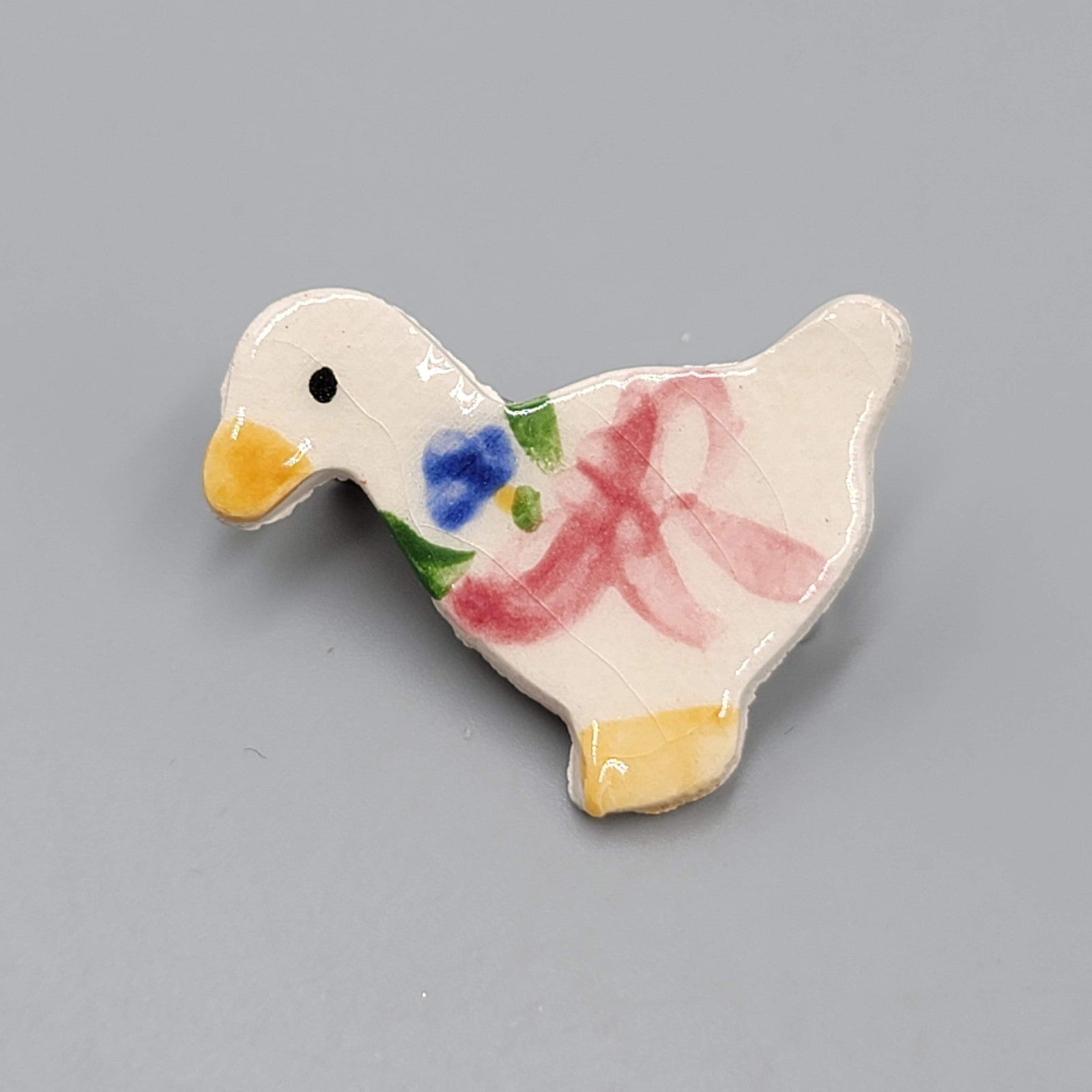 Vintage Hand Painted Goose Duck Pin Brooch Ceramic Ribbon Bow Floral 1980s Gift