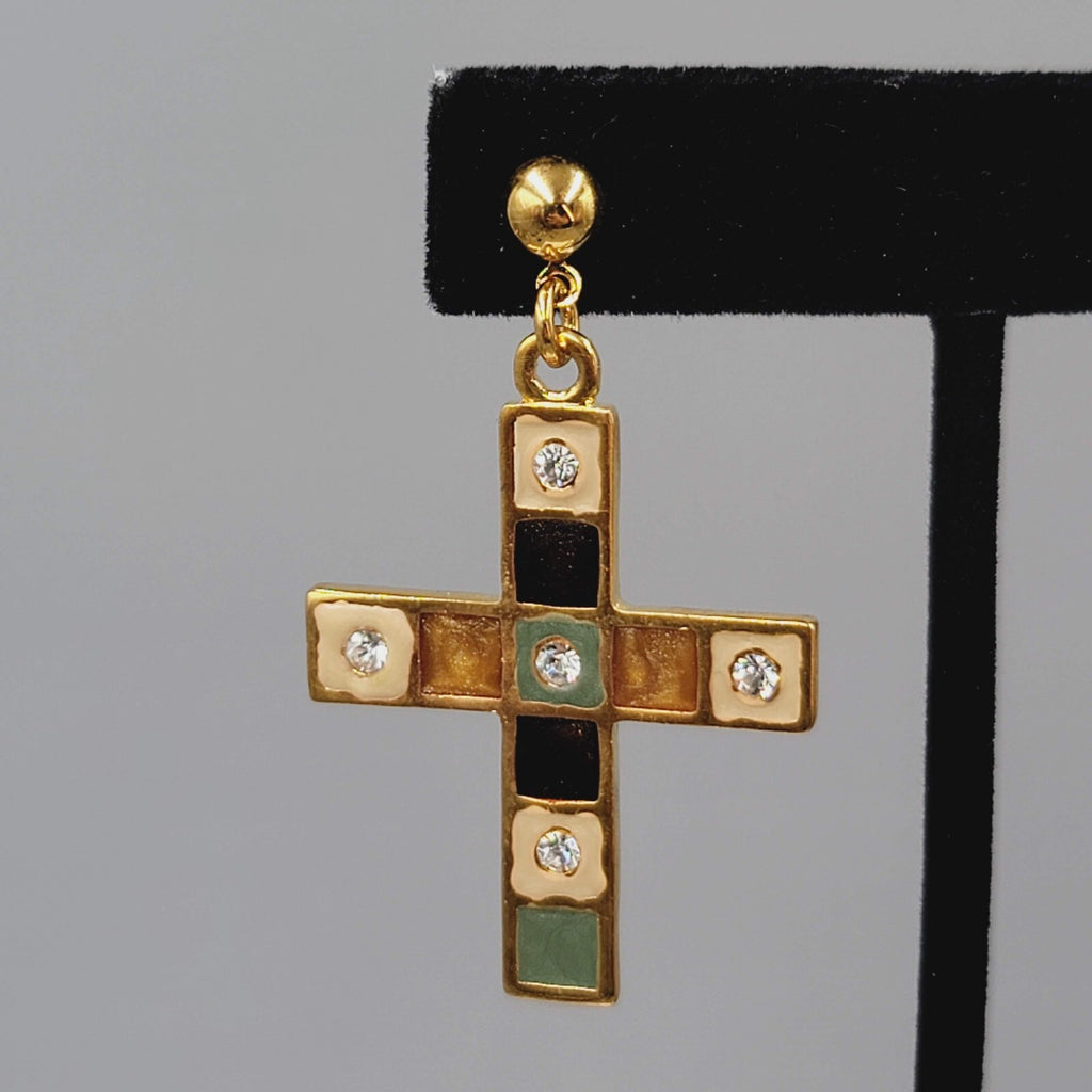 Cross Pierced Earrings Gold Plated Enamel Rhinestone Crystal Dangle 1.75"