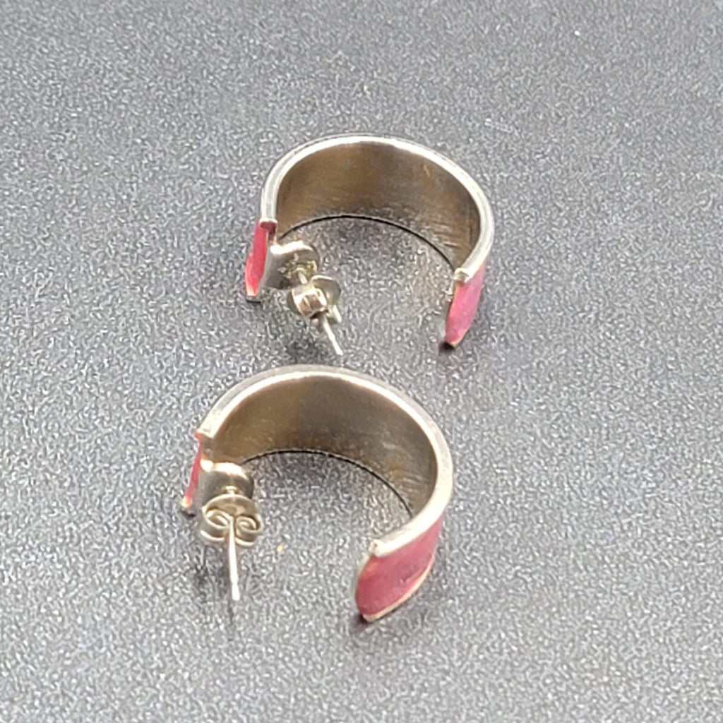 Vintage Pierced Earrings Silver tone Pink Purple Enamel Wide Hoops 3/4"