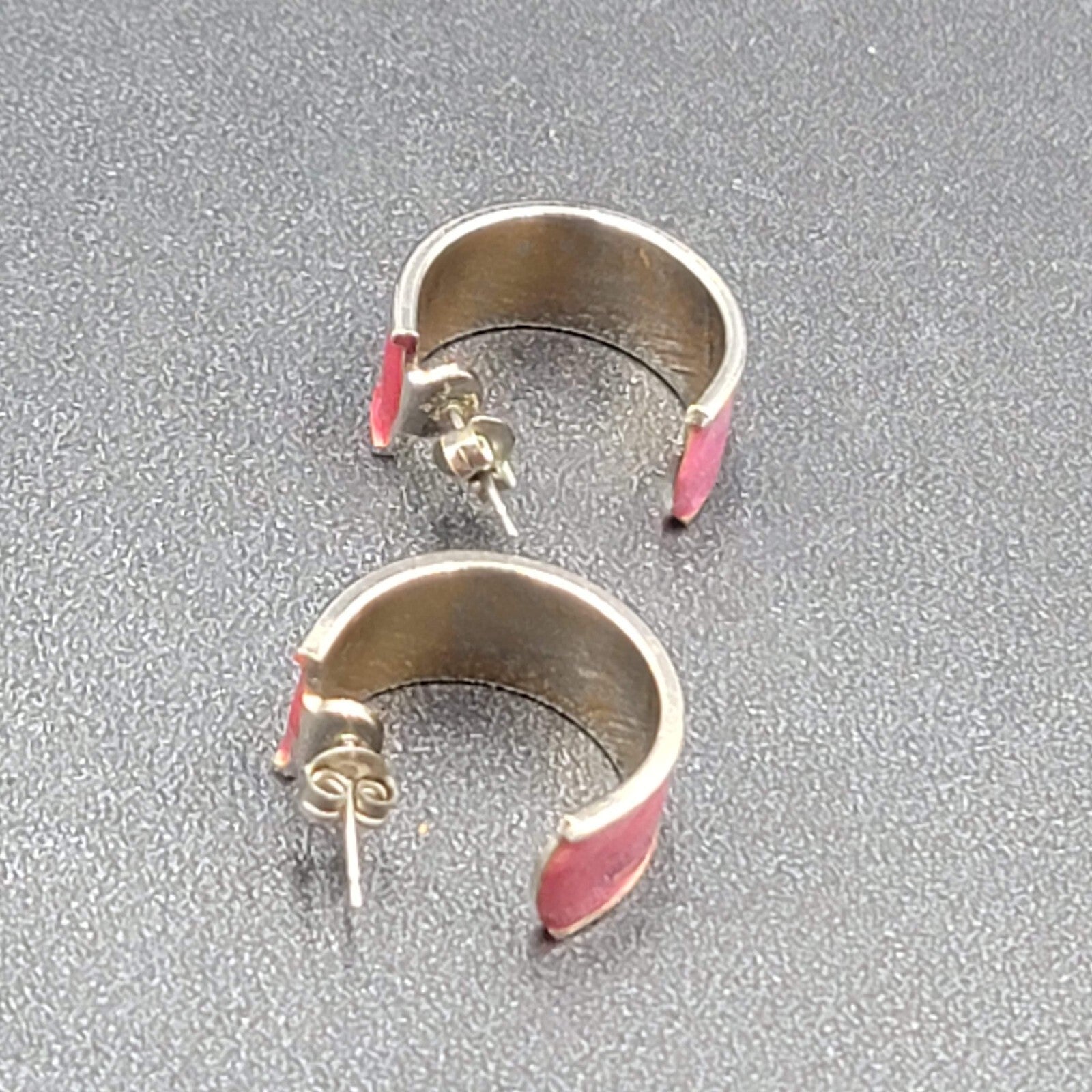 Vintage Pierced Earrings Silver tone Pink Purple Enamel Wide Hoops 3/4"