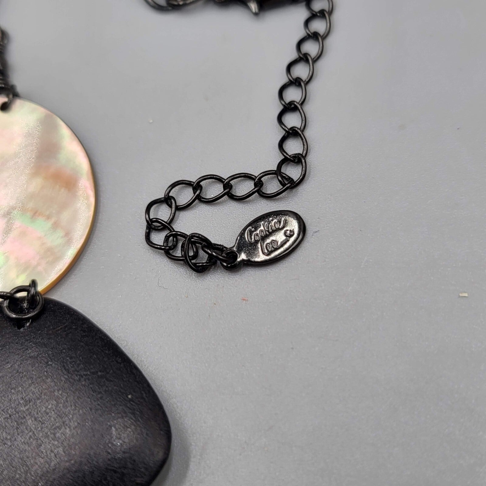 Cookie Lee Black Wood Shell Station Necklace Statement Long 30"+