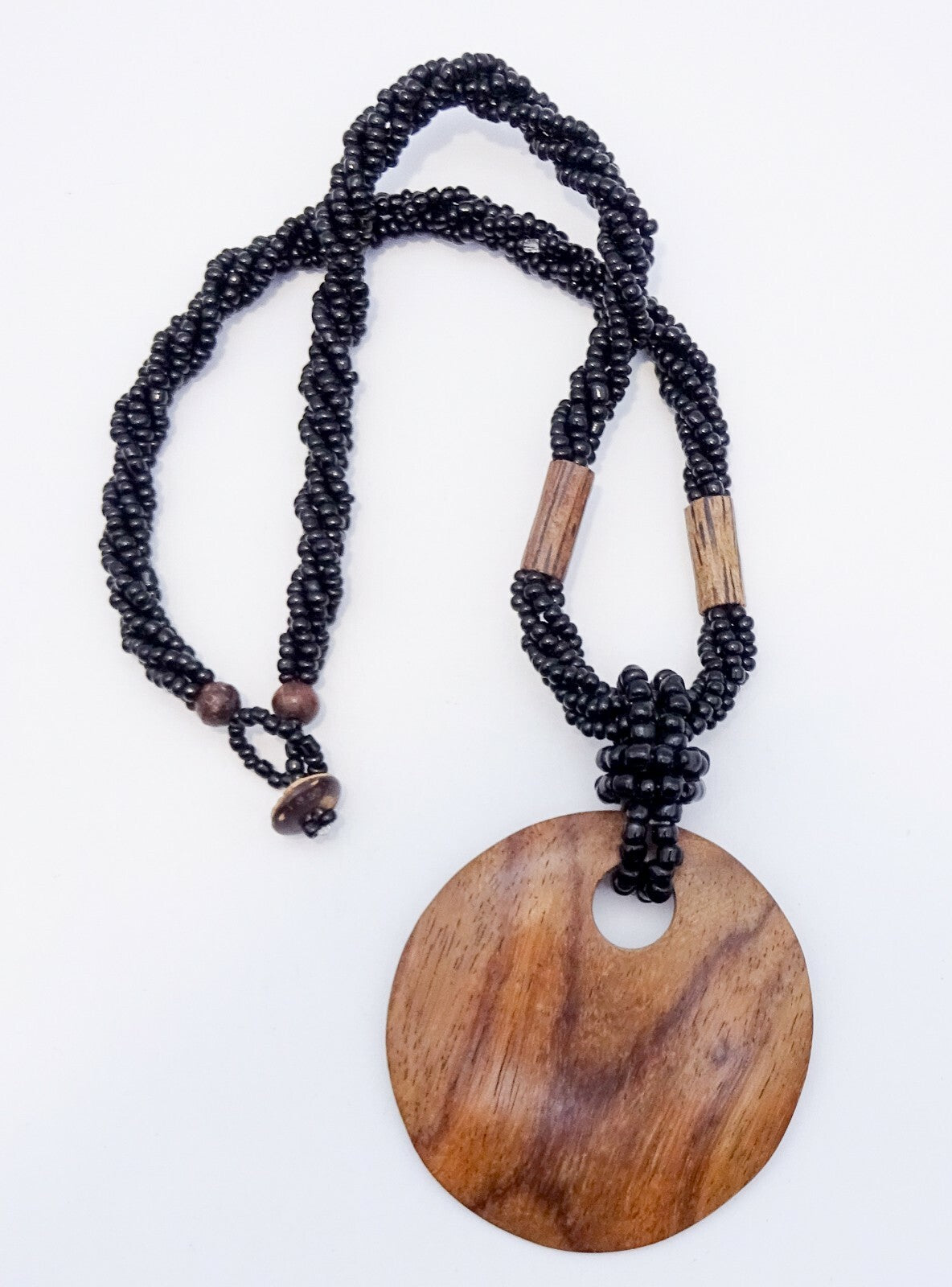 Vintage Multi-strand Statement Necklace Large Wood Pendant Boho Hippie 18"