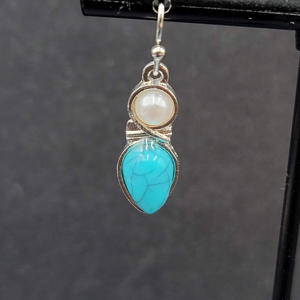 Pierced Earrings Silver tone White Blue Accents Dangle 7/8"