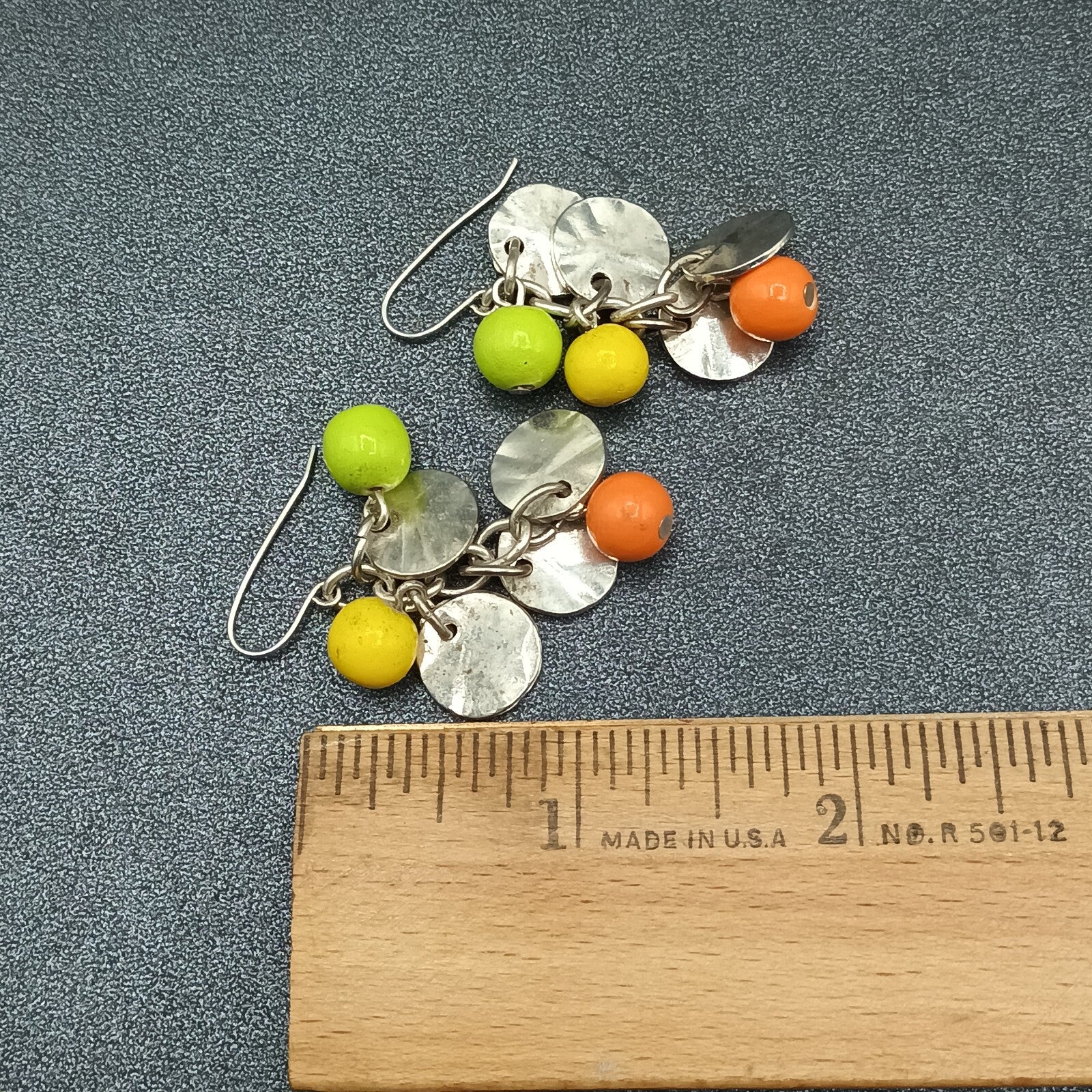 Pierced Earrings Silver tone Chain Hammer Disk Multicolor Bead Dangle 1 3/8"