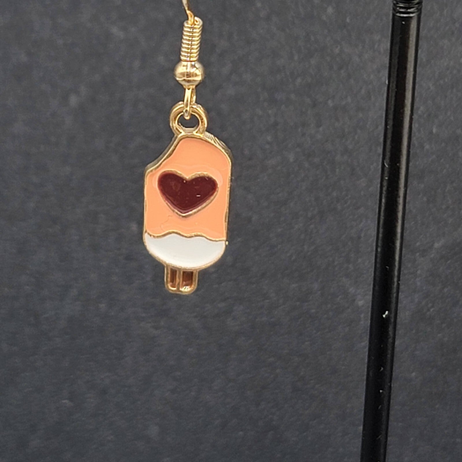 Heart Ice Cream Popsicle Pierced Earrings Pink Enamel Dangle New 3/4"