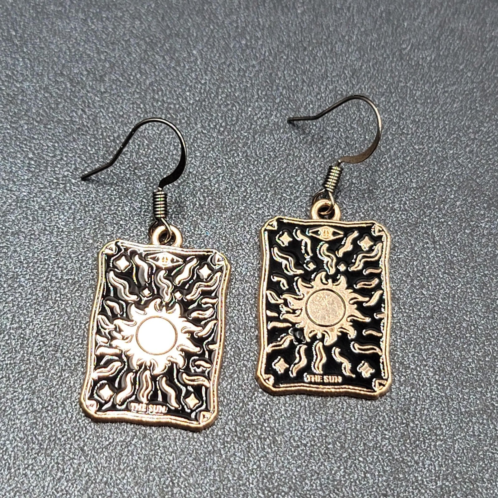 Tarot Card Pierced Earrings The SUN Gold tone Black 1"