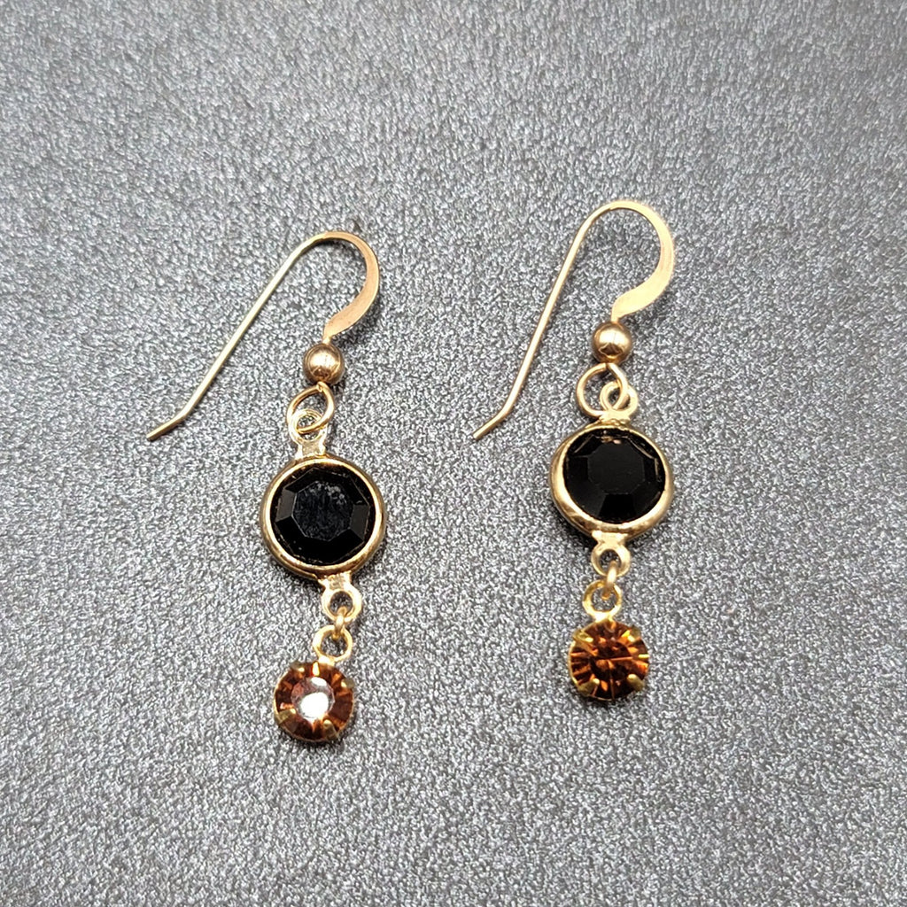 Pierced Earrings Gold tone Black Orange Rhinestone Dangle 1"