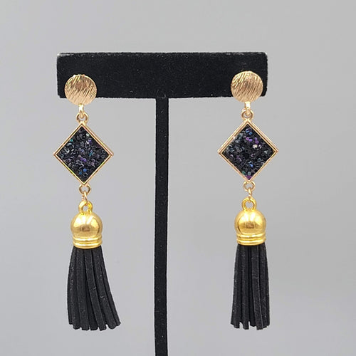 Black Tassel Pierced Earrings Gold tone Dangle 3"