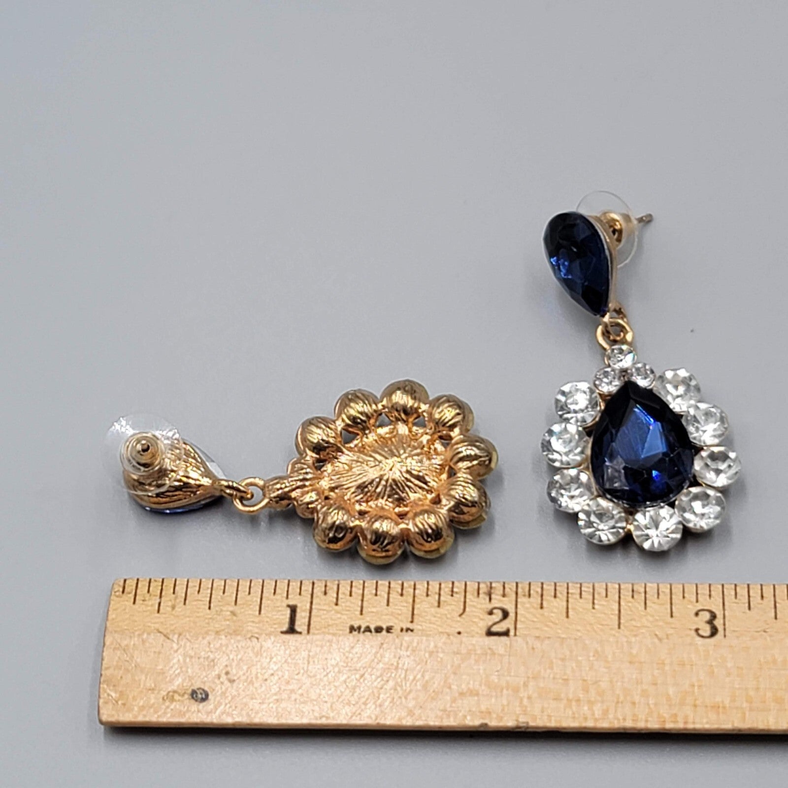 Blue Teardrop Glass Pierced Earrings Gold tone Dangle 2"