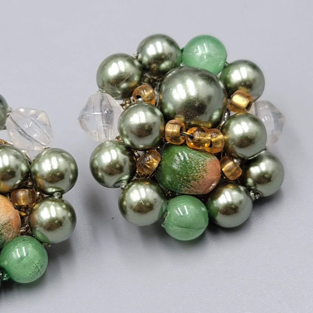 Vintage Green Cluster Bead Clip on Earrings 1"