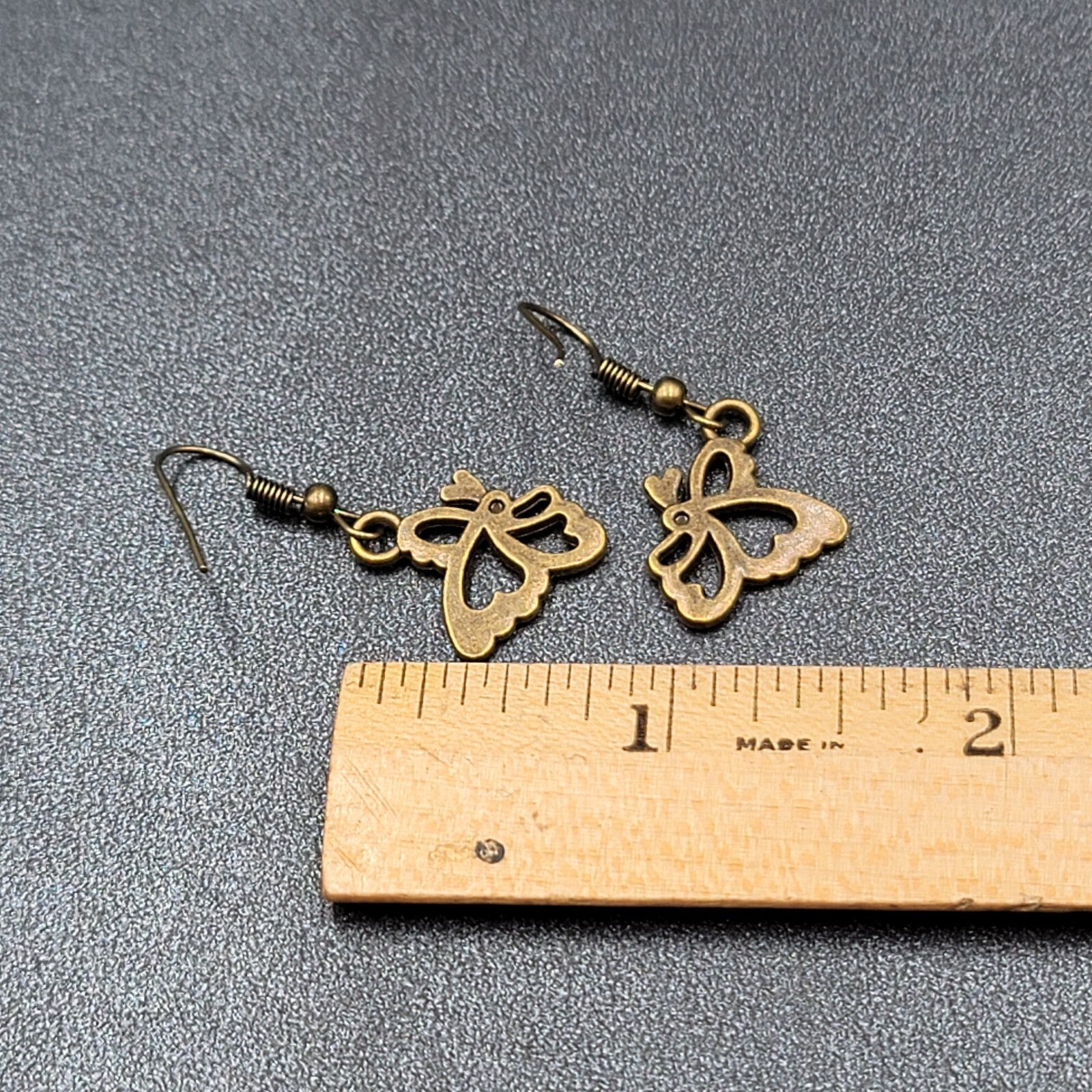 New Butterfly Pierced Earrings Bronze tone Side View Dangle 3/4"