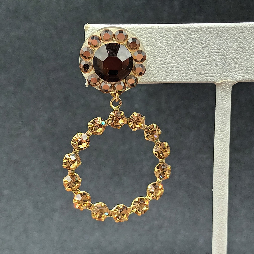Pierced Earrings Gold tone Brown Faceted Crystal Open Round Dangle 1 7/8"