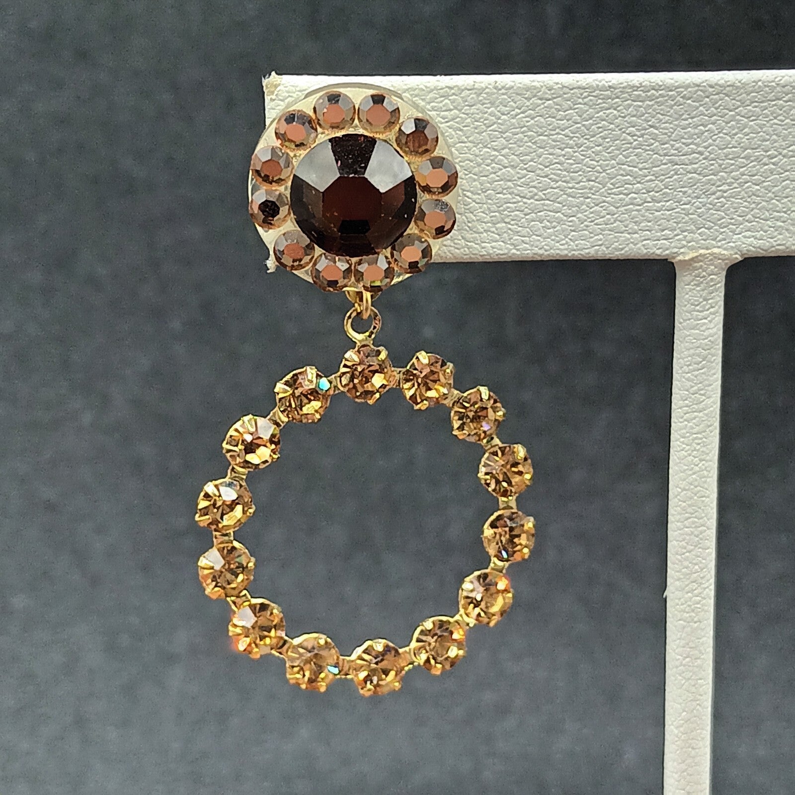 Pierced Earrings Gold tone Brown Faceted Crystal Open Round Dangle 1 7/8"