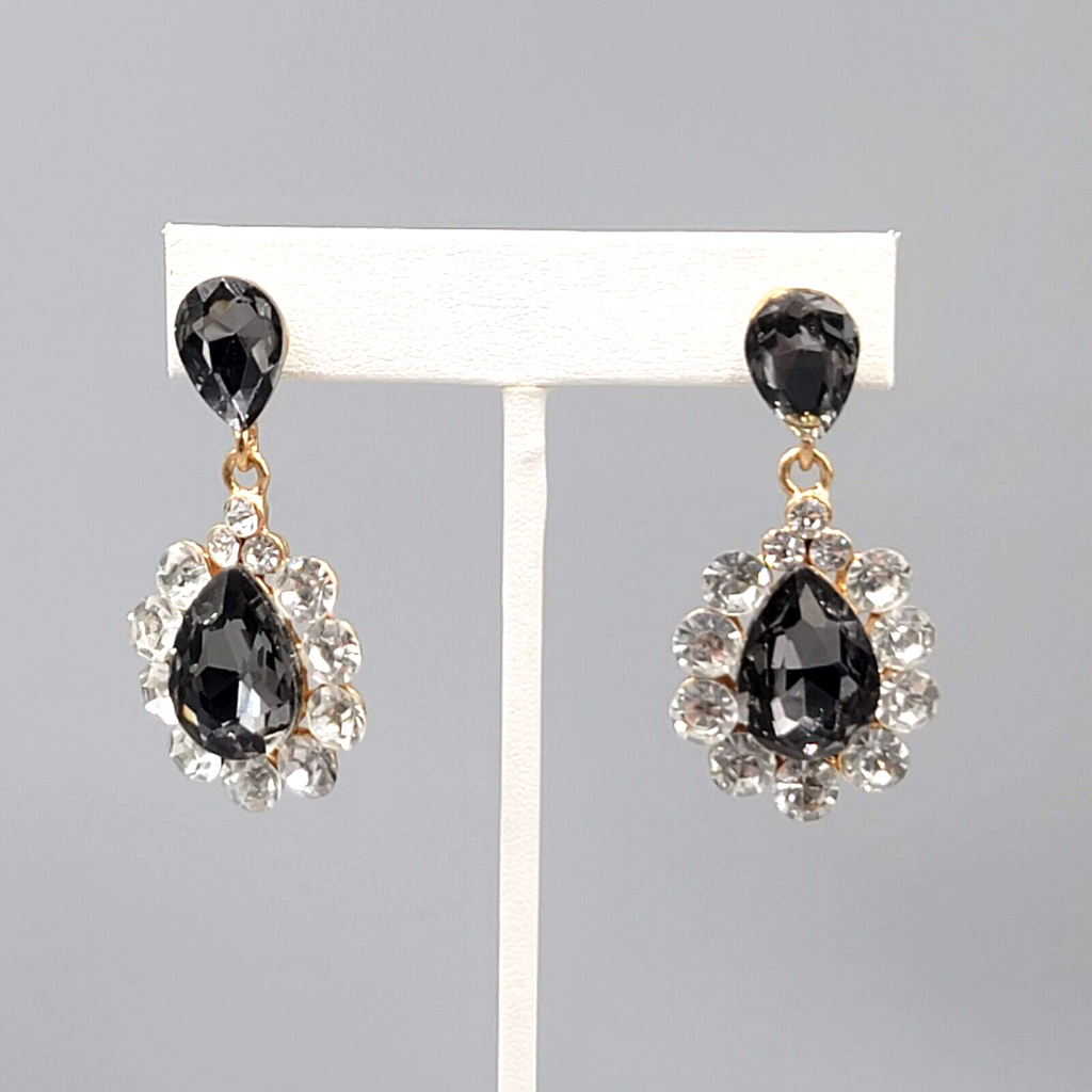 Gray Teardrop Glass Pierced Earrings Gold tone Dangle 2"